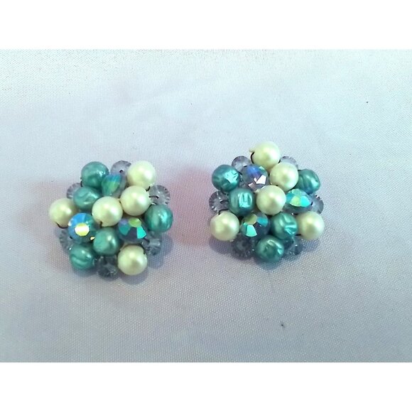 Vintage Cluster Clip-On Earrings with Faux Pearls & Blue Beads - Picture 1 of 3